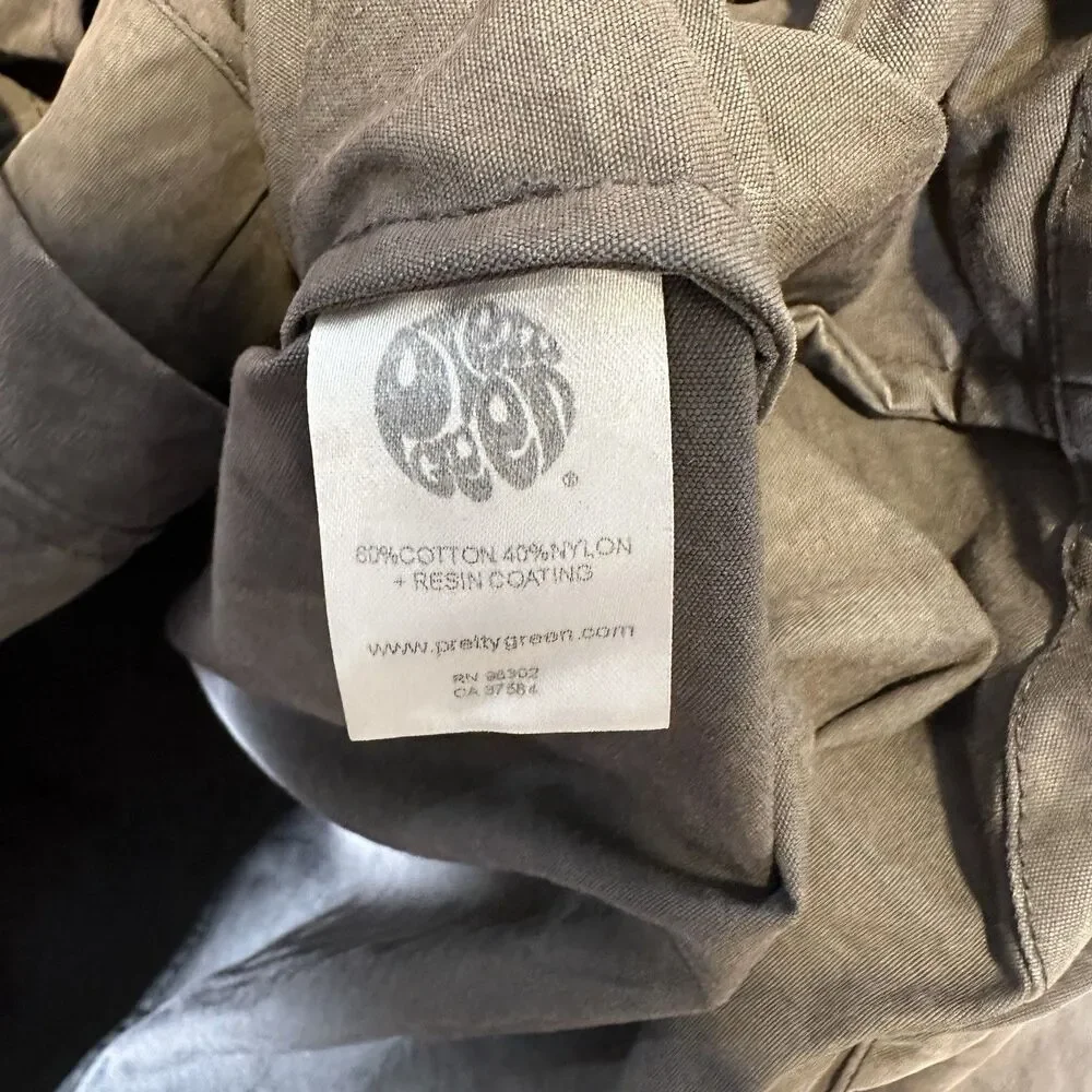 Pretty Green Gray Olive Button Hood Coat Parka Jacket Resin Coated Cargo Pockets